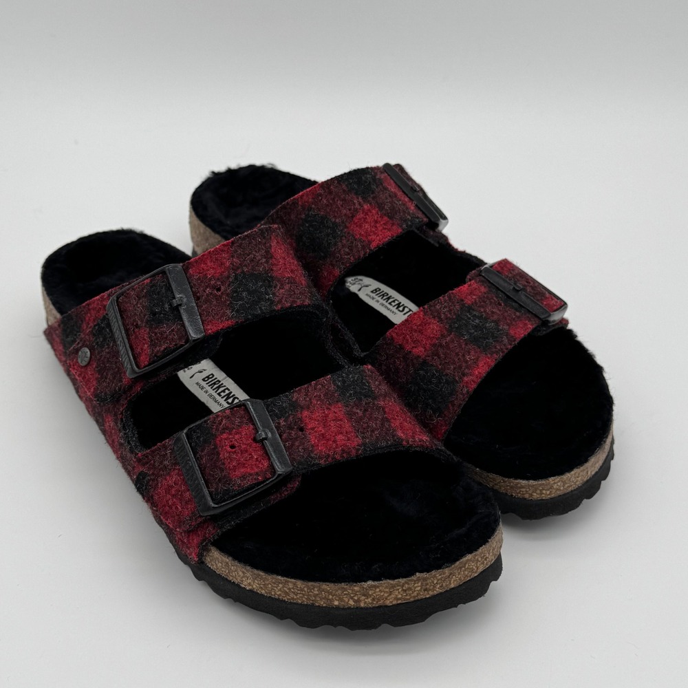 Birkenstock Arizona Shearling Plaid Sandals Red Black Size 37